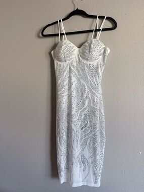 Sexy White Fire Crystal Midi Dress with Double Spaghetti Straps